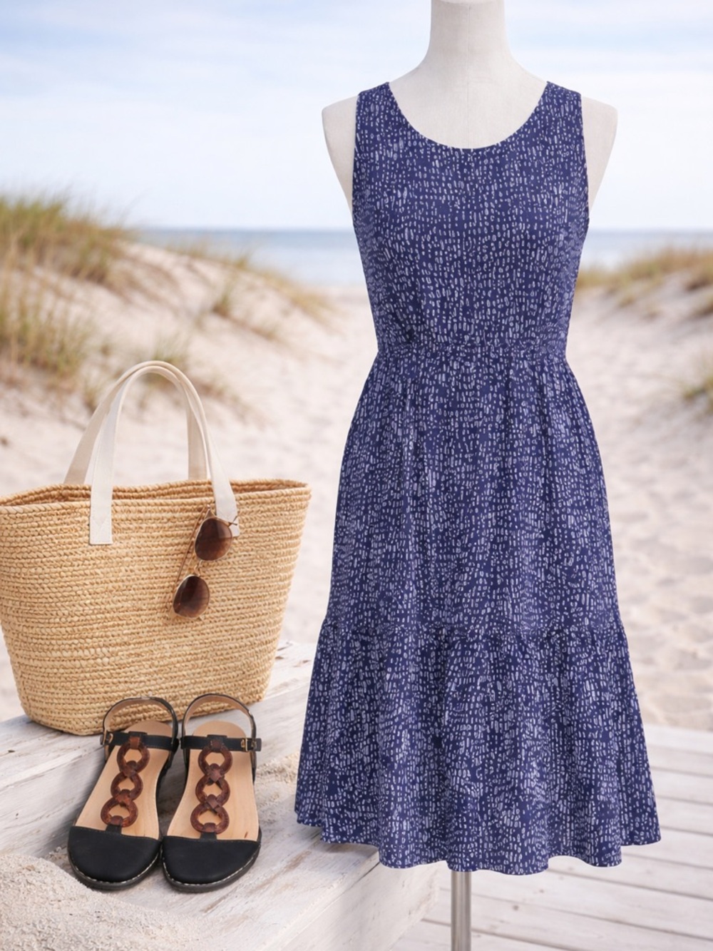 Duffield Lane Ashton Dress Navy White Sleeveless Tiered Cotton Dress Size M